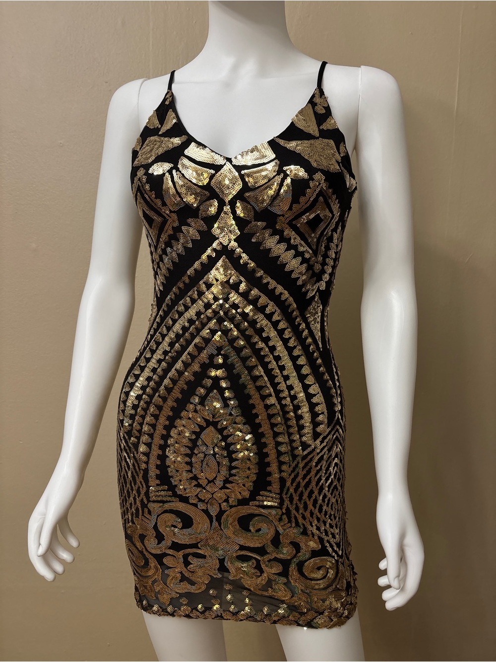 Gold Black Sequins Geometric Art Deco Open Back Plunge Mini Dress